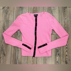 Pink Angora Blend Cardigan Sweater Velvet Trim Buttons Soft Cozy Small